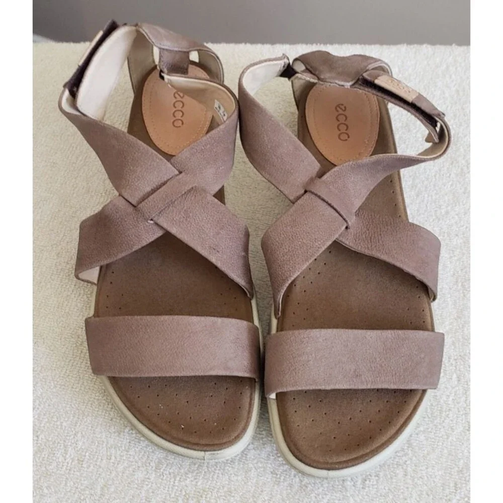 ECCO Sandals Womens Sz 8.5 Damara Casual Cross Strap Slip On Flats Brown Leather